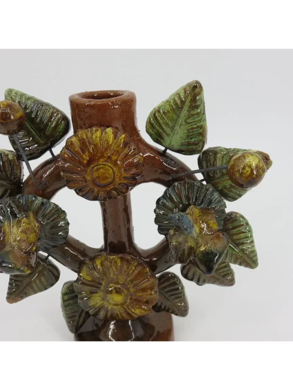 Tree Of Life Pottery Single Candleholder Candelabra Mexican Folk Art Flower Leaf